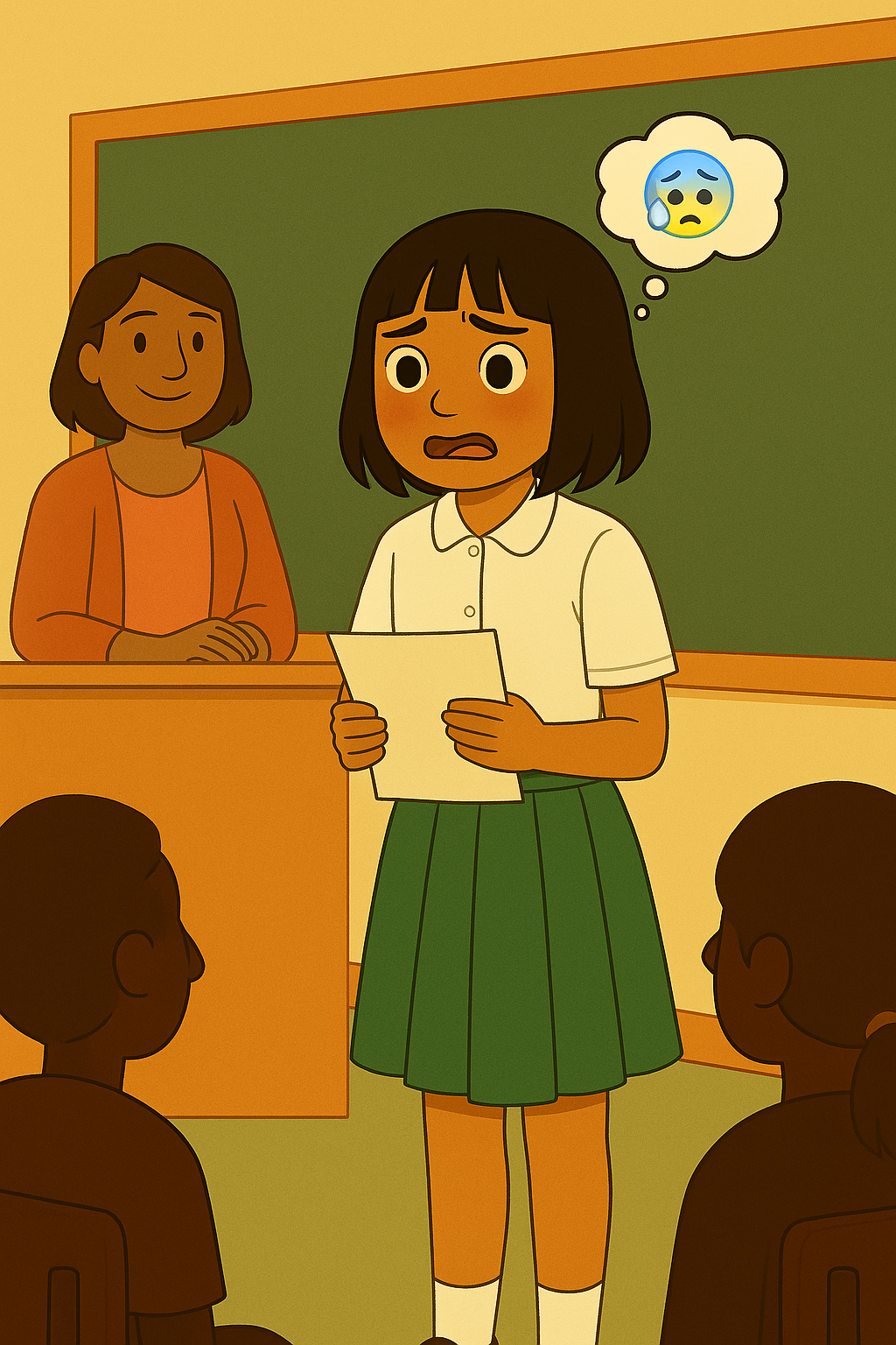Bella speaking nervously but bravely in front of the class